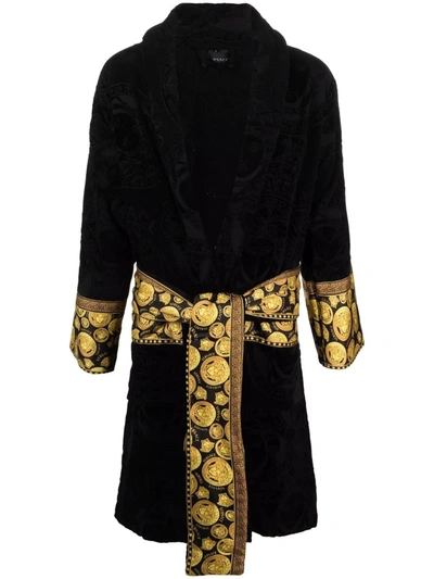 Shop Versace Medusa-print Belted Robe In Black