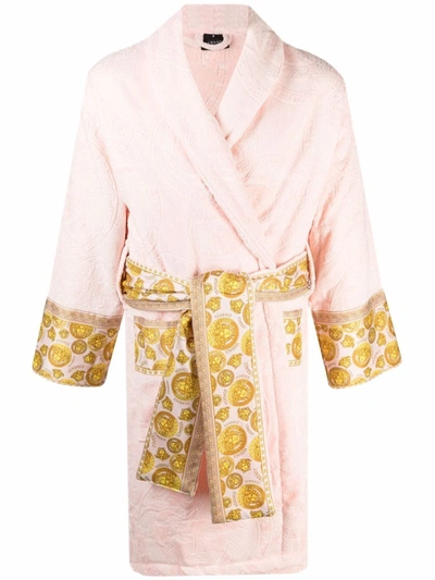 Shop Versace Baroque-pattern Tied-waist Gown In Pink
