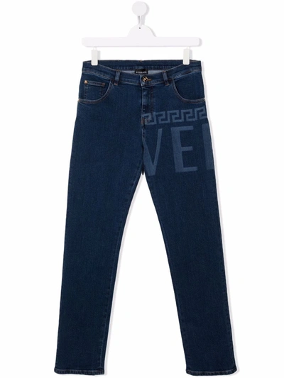 Shop Versace Teen Logo-print Skinny Jeans In Blue