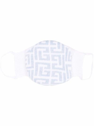 Shop Balmain Light Blue And White Monogram Face Mask