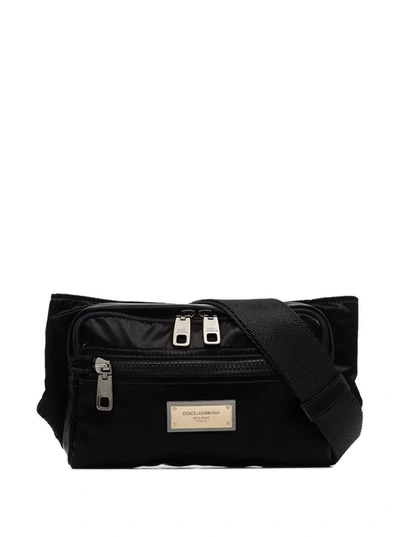 Shop Dolce & Gabbana Belt Bag In Shiny Nylon With Logo In Black