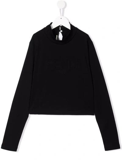 Shop Fendi Teen Mock-neck Embossed Logo Sweatshirt In Black