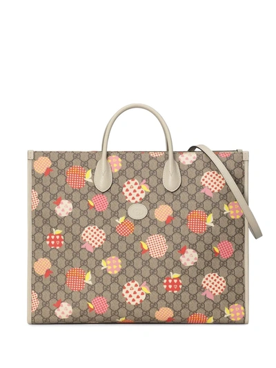 Shop Gucci Gg Monogram Apple Print Large Tote Bag In Neutrals