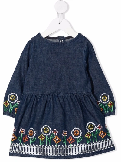 Shop Stella Mccartney Floral-embroidered Cotton Dress In Blue