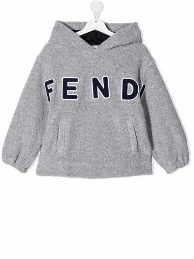 Shop Fendi Teddy Fleece Logo Hoodie In Grey