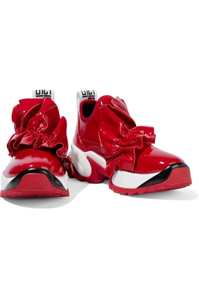 Shop Sergio Rossi Sergio Extreme Ruffled Leather And Coated-neoprene Exaggerated-sole Sneakers In Red