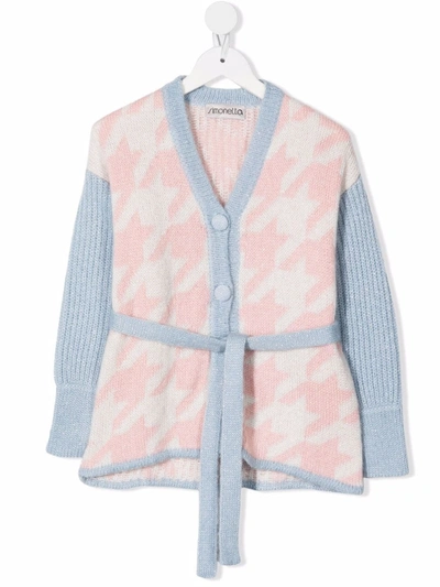 Shop Simonetta Houndstooth-knit Belted Cardigan In Pink