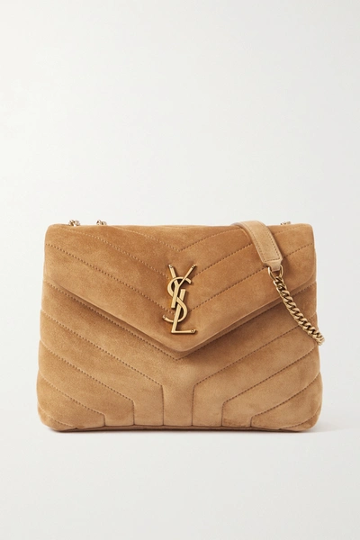 Shop Saint Laurent Loulou Small Quilted Suede Shoulder Bag In Brown