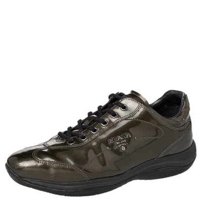 Pre-owned Prada Olive Green Patent Leather Low Top Sneakers Size 38