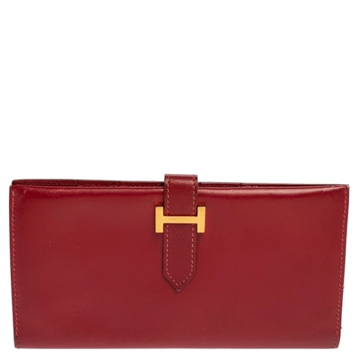 Pre-owned Hermes Rouge Vif Box Leather Vintage Bearn Gusset Wallet In Red