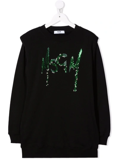 Shop Msgm Sequin-embellished Cotton Sweatshirt Dress In Black