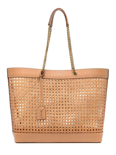 Shop Saint Laurent Brown  E W Shopping Bag In Woven Cane And Leather