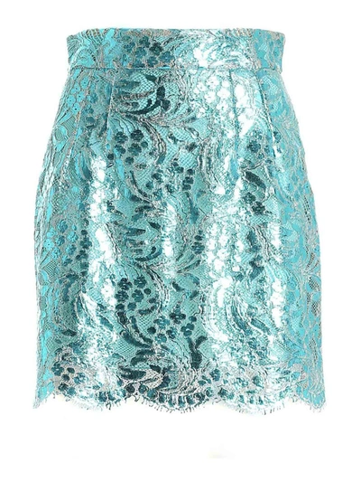 Shop Dolce & Gabbana Lace Miniskirt In Laminated Light Blue