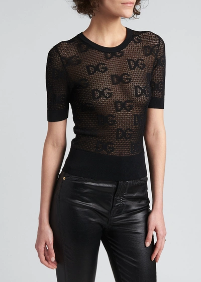 Shop Dolce & Gabbana 18gg Intarsia-logo Lace Short-sleeve Sweater In Black