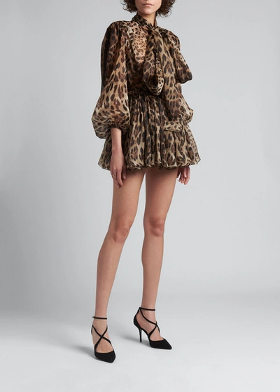 Shop Dolce & Gabbana Leopard-print Tie-neck Silk Mini Dress In Leo New