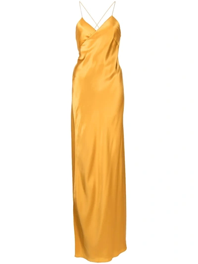 Shop Michelle Mason Cross-strap Silk Wrap Gown In Gold