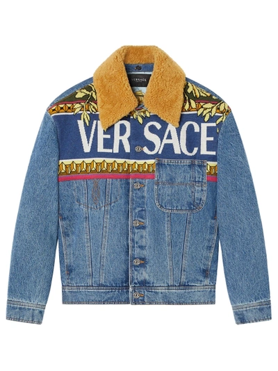 Shop Versace Logo Denim Jacket Blue