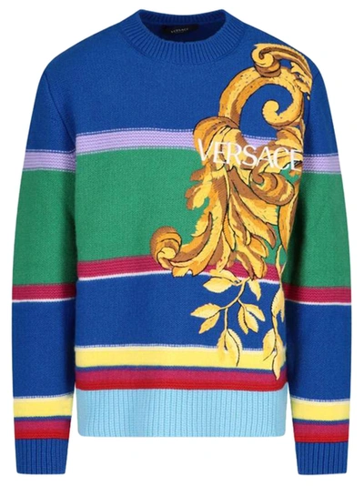 Shop Versace Striped Barocco Knit Sweater