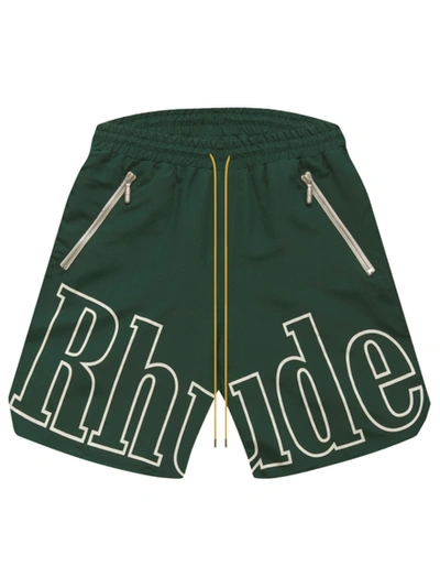 Shop Rhude Drawstring Logo Shorts Olive Green
