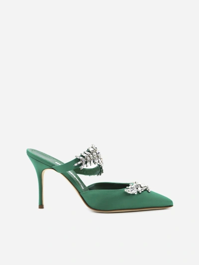 Shop Manolo Blahnik Lurum Décolleté In Silk Embellished With Crystals In Green