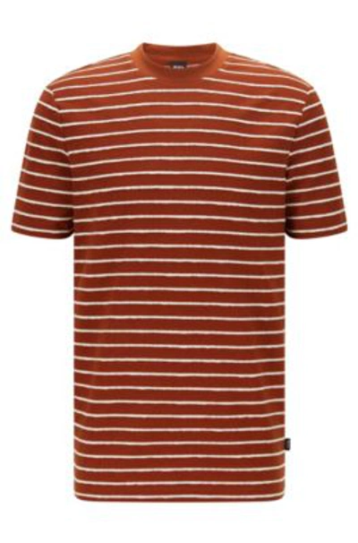 Shop Hugo Boss - Regular Fit Cotton Linen T Shirt With Horizontal Stripes - Light Brown