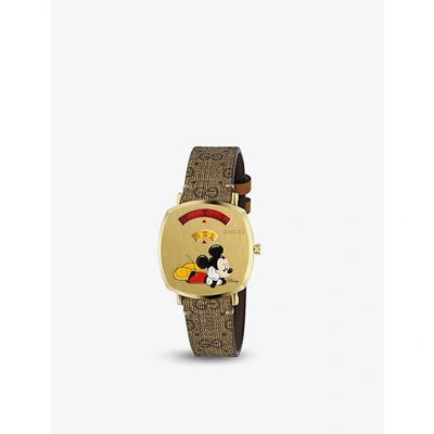 Shop Gucci Ya157420 Yellow Gold-plated Pvd And Leatherquartz Watch In Brown