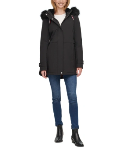 Shop Tommy Hilfiger Women's Faux-fur-trim Hooded Raincoat In Black