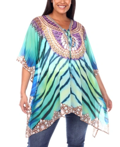 Shop White Mark Plus Size Short Caftan With Tie-up Neckline In Green