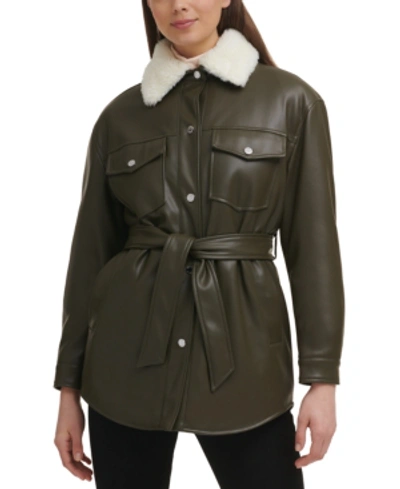 Shop Kenneth Cole Women's Belted Faux-leather & Faux-fur-trim Shirt Jacket In Dark Green