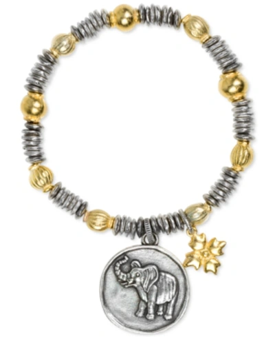 Shop Patricia Nash Two-tone Elephant Charm Beaded Stretch Bracelet In Silver Ox/egyptian Gold