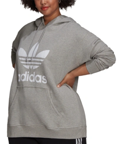 Shop Adidas Originals Originals Plus Size Trefoil Hooded Sweatshirt In Medium Grey Heather