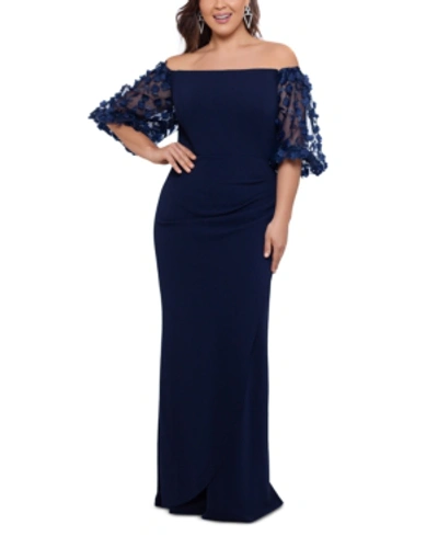 Shop Xscape Plus Size Off-the-shoulder Embellished-sleeve Gown In Navy