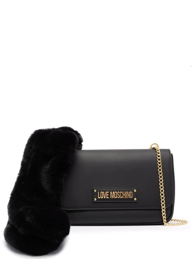 Shop Love Moschino Faux-fur Trim Shoulder Bag In Black