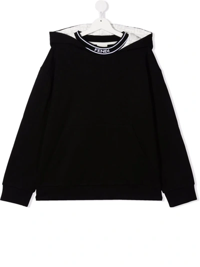 Shop Fendi Teen Logo-collar Hooded Sweatshirt In 黑色