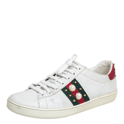 Pre-owned Gucci White Leather New Ace Web Faux Pearl Embellished Low Top Sneakers Size 37.5
