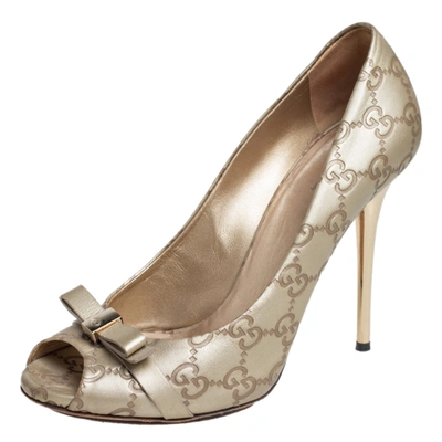Pre-owned Gucci Ssima Leather Peep Toe Bow Pumps Size 38 In Beige