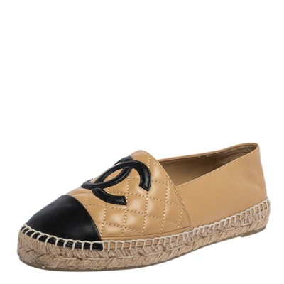 Pre-owned Chanel Beige/black Leather Espadrille Flats Size 38