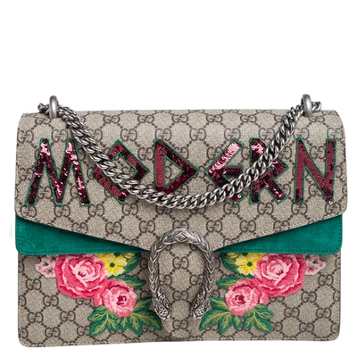 Pre-owned Gucci Beige Gg Supreme Canvas And Suede Medium Modern Embroidered Dionysus Shoulder Bag