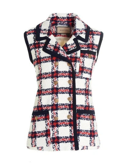 Shop Gucci Check Pattern Tweed Sleeveless Jacket In Multi