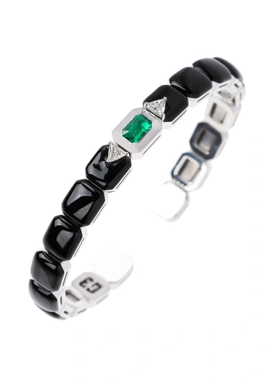 Shop Nikos Koulis Oui 18k White Gold Black Enamel Trillion Diamond And Emerald Bracelet In White/gold