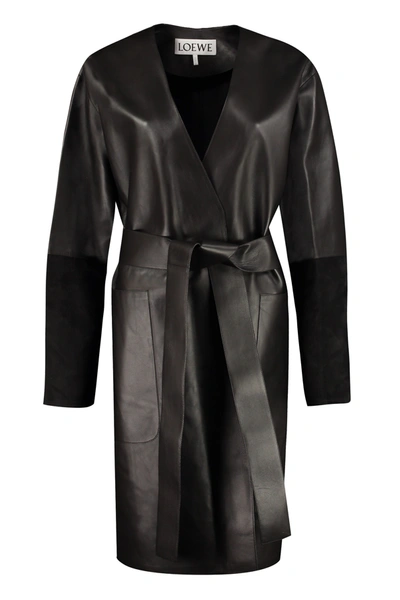Shop Loewe Collarless Belted Coat In Black