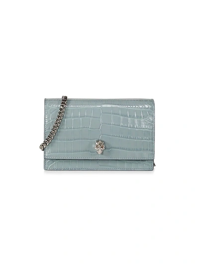 Shop Alexander Mcqueen Small Skull Croc-embossed Leather Bag In Blue Grey