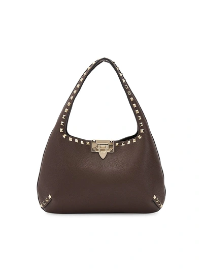 Shop Valentino Small Rockstud Leather Hobo Bag In Fondant