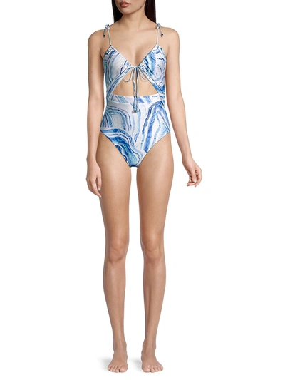 Shop Suboo Agate Gathered Self-tie Swimsuit In Blue Multi