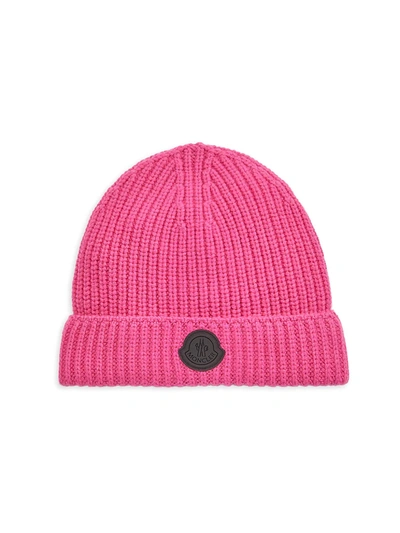 Shop Moncler Ribbed Logo Beanie In Pink