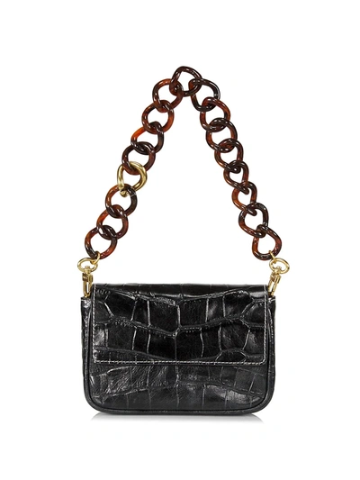 Shop Staud Mini Tommy Chain Croc-embossed Leather Baguette In Black