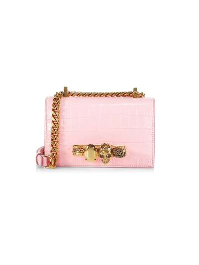 Shop Alexander Mcqueen The Mini Croc-embossed Jeweled Leather Satchel In Rose Pink