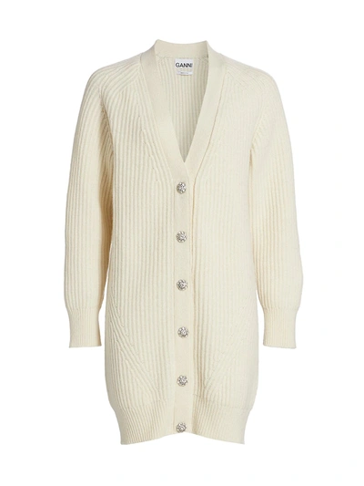 Shop Ganni Rib Knit Wool Blend Cardigan In Egret