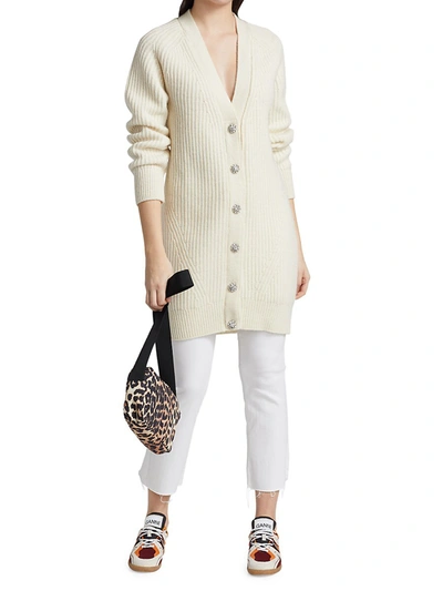 Shop Ganni Rib Knit Wool Blend Cardigan In Egret