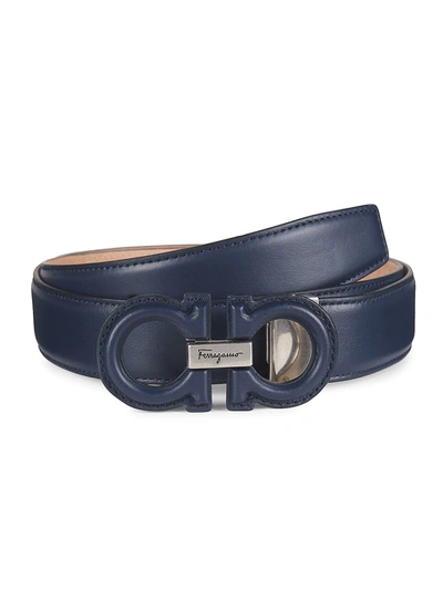 Shop Ferragamo Men's Adjustable Gancini Buckle Leather Belt In Blue Marine